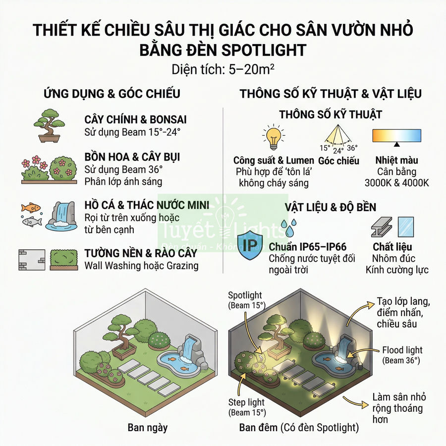 Đèn spotlight cho sân vườn nhỏ: chọn sao cho hiệu quả