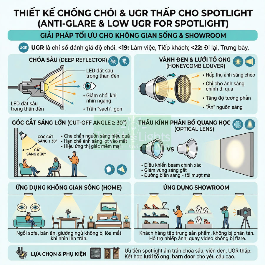 Infographic thiết kế đèn spotlight chống chói UGR thấp cho không gian sống và showroom