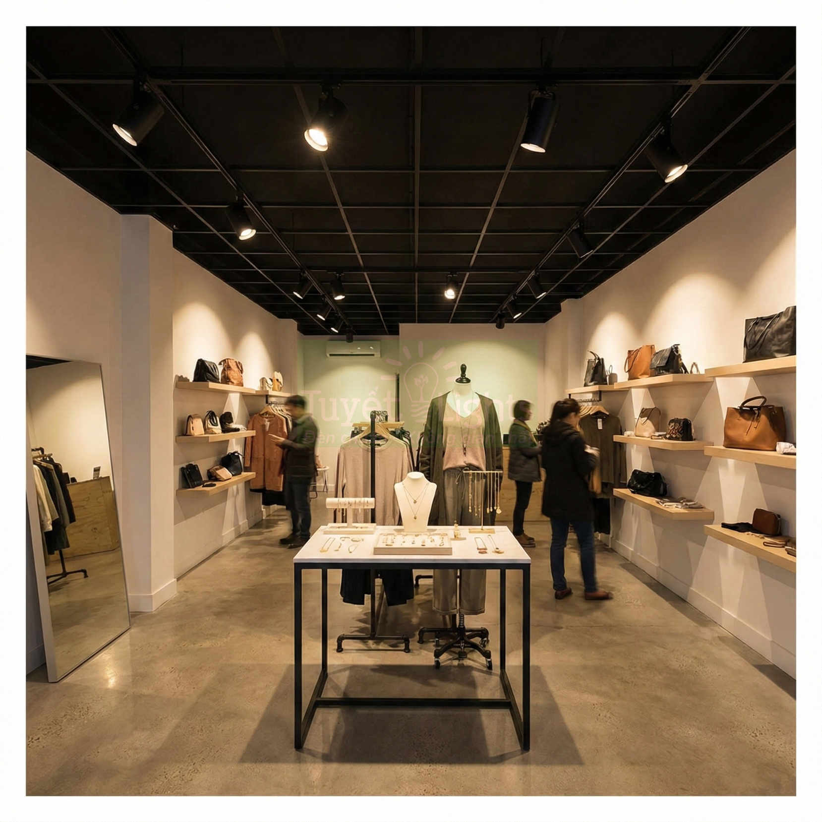 Cửa hàng thời trang trưng bày quần áo, túi xách da và phụ kiện trên kệ gỗ hiện đại