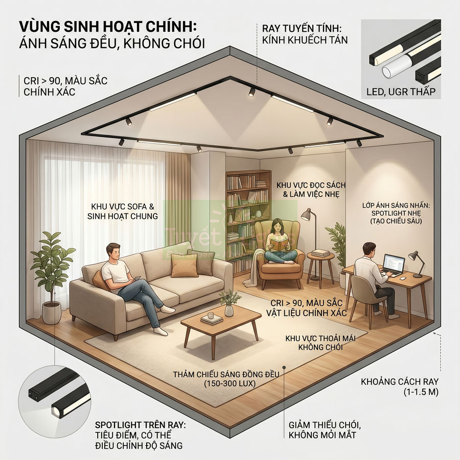 Hệ thống đèn LED ray tuyến tính và spotlight chiếu sáng đều cho phòng khách và góc làm việc hiện đại