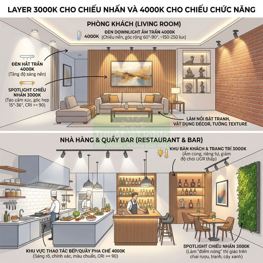 Minh họa bố trí đèn downlight và spotlight 3000K 4000K cho phòng khách, nhà hàng và quầy bar hiện đại