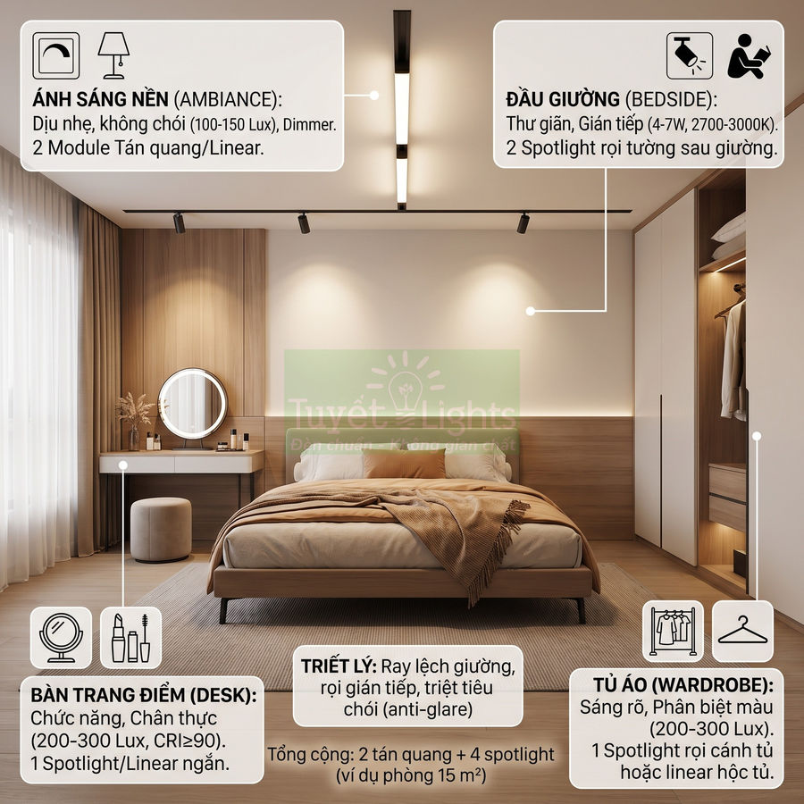 Phòng ngủ hiện đại với hệ thống đèn âm trần, spotlight và đèn bàn trang điểm tối ưu ánh sáng