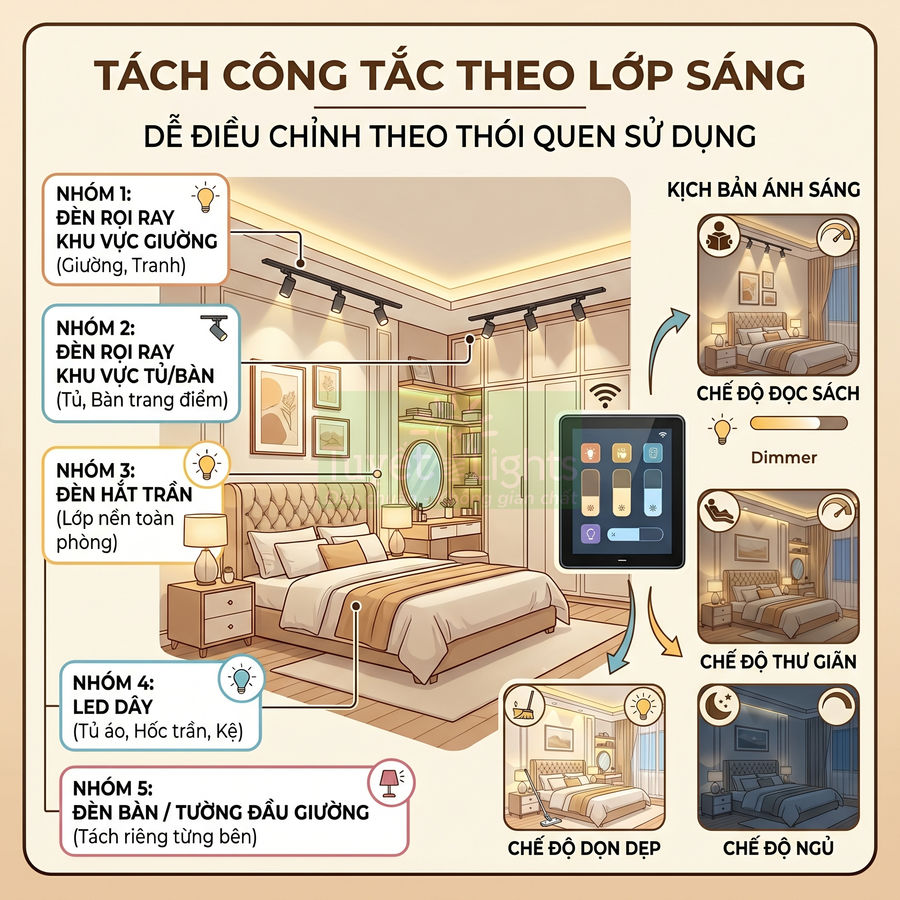 Sơ đồ bố trí đèn phòng ngủ hiện đại với công tắc tách lớp sáng và các chế độ chiếu sáng khác nhau