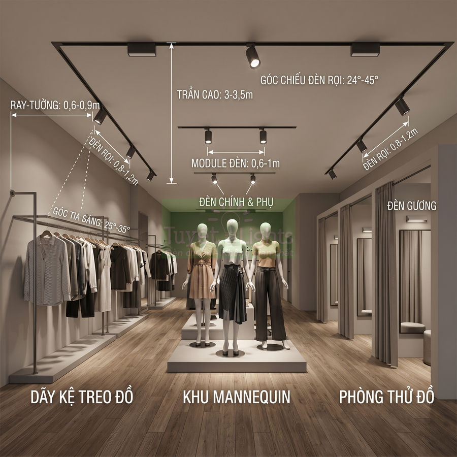 Hệ thống đèn rọi ray chiếu sáng cửa hàng thời trang với mannequin, dãy kệ treo đồ và phòng thử đồ
