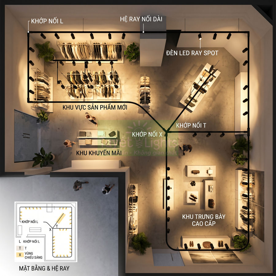 Thiết kế hệ thống đèn LED ray chiếu sáng cho cửa hàng thời trang với khu trưng bày sản phẩm rõ ràng