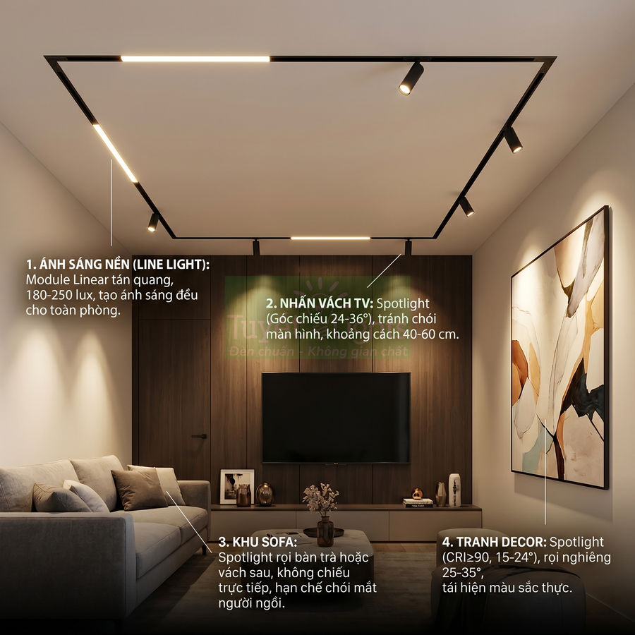 Hệ thống đèn track light và line light chiếu sáng phòng khách hiện đại với sofa, TV và tranh treo tường