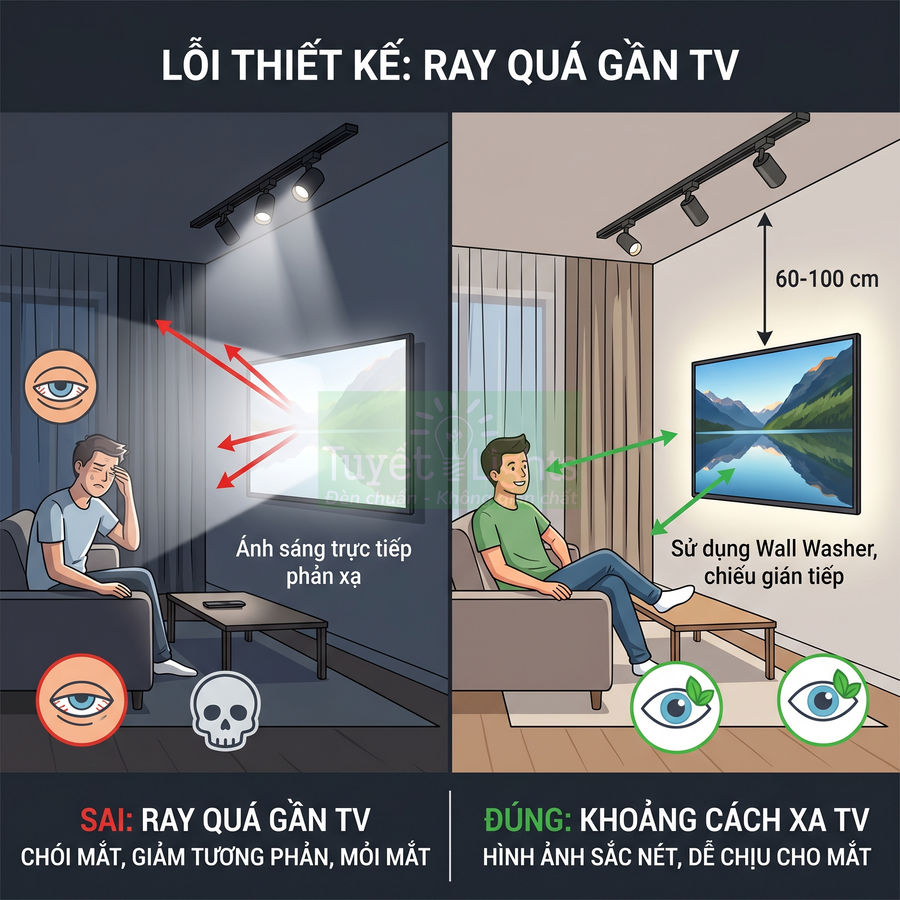 Minh họa so sánh lắp đèn ray gần TV gây chói mắt và lắp đèn wall washer xa TV cho hình ảnh dễ chịu