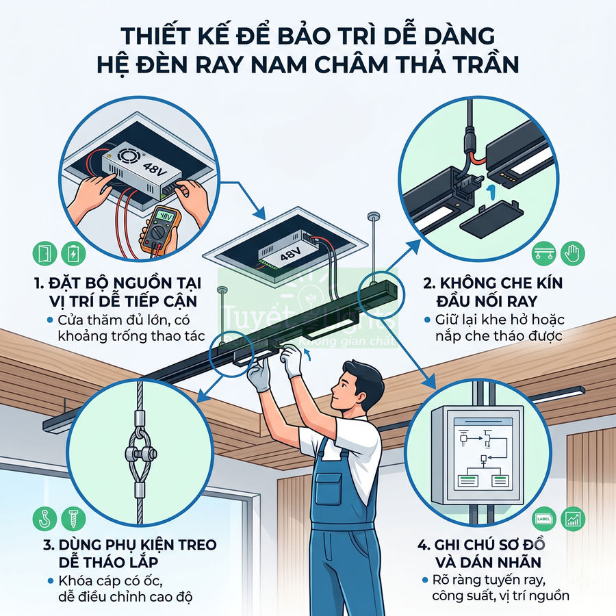 Hướng dẫn lắp đặt và bảo trì hệ đèn ray nam châm thả trần với kỹ thuật viên thao tác trên trần nhà