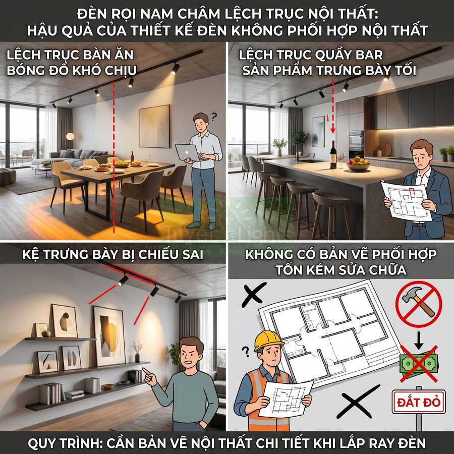 Minh họa hậu quả lắp đặt đèn rọi nam châm sai trục với bàn ăn, quầy bar và kệ trang trí trong căn hộ hiện đại