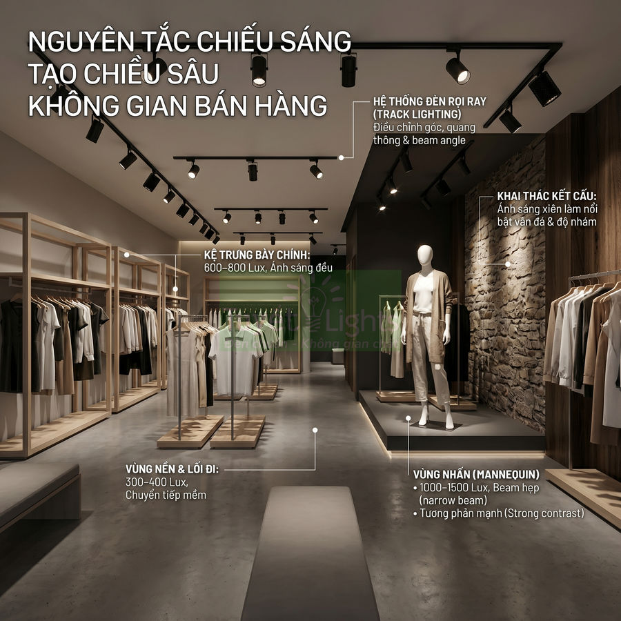 Thiết kế chiếu sáng đèn rọi ray cho cửa hàng thời trang với kệ quần áo và mannequin trưng bày