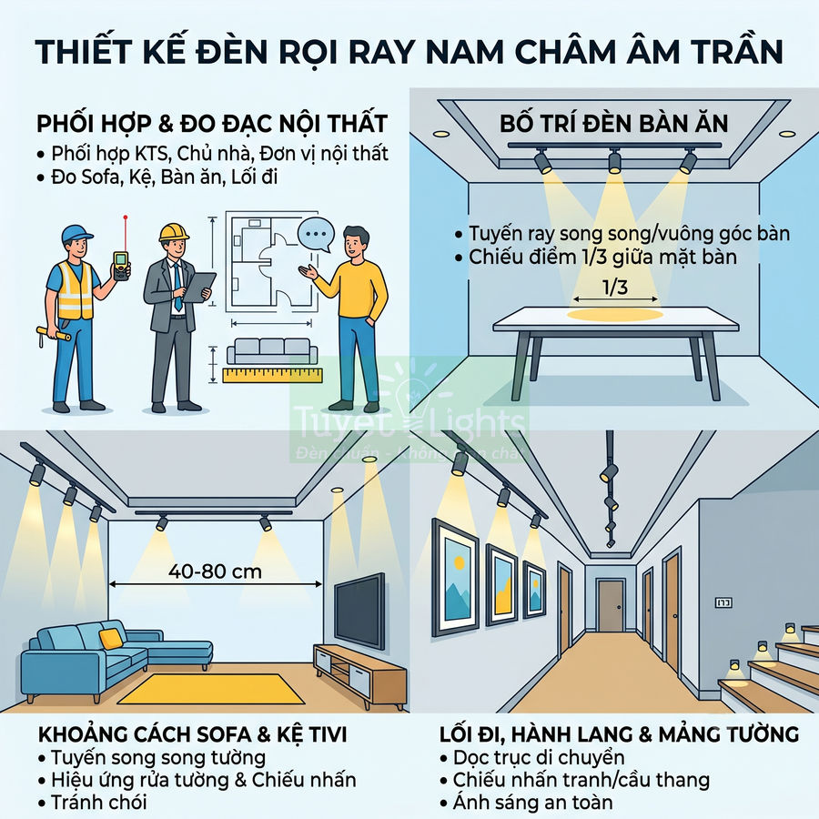 Thiết kế đèn rọi ray nam châm âm trần cho phòng khách, bàn ăn, hành lang và cầu thang trong nhà
