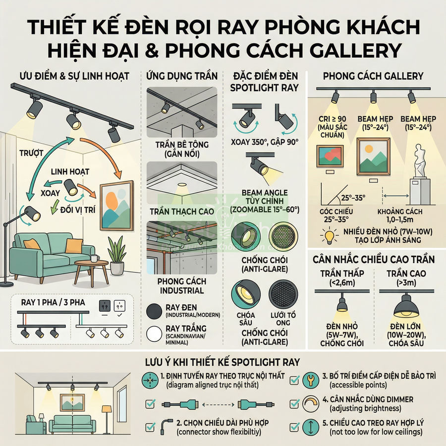 Thiết kế đèn rọi ray spotlight cho phòng khách và gallery hiện đại, linh hoạt điều chỉnh chiếu sáng