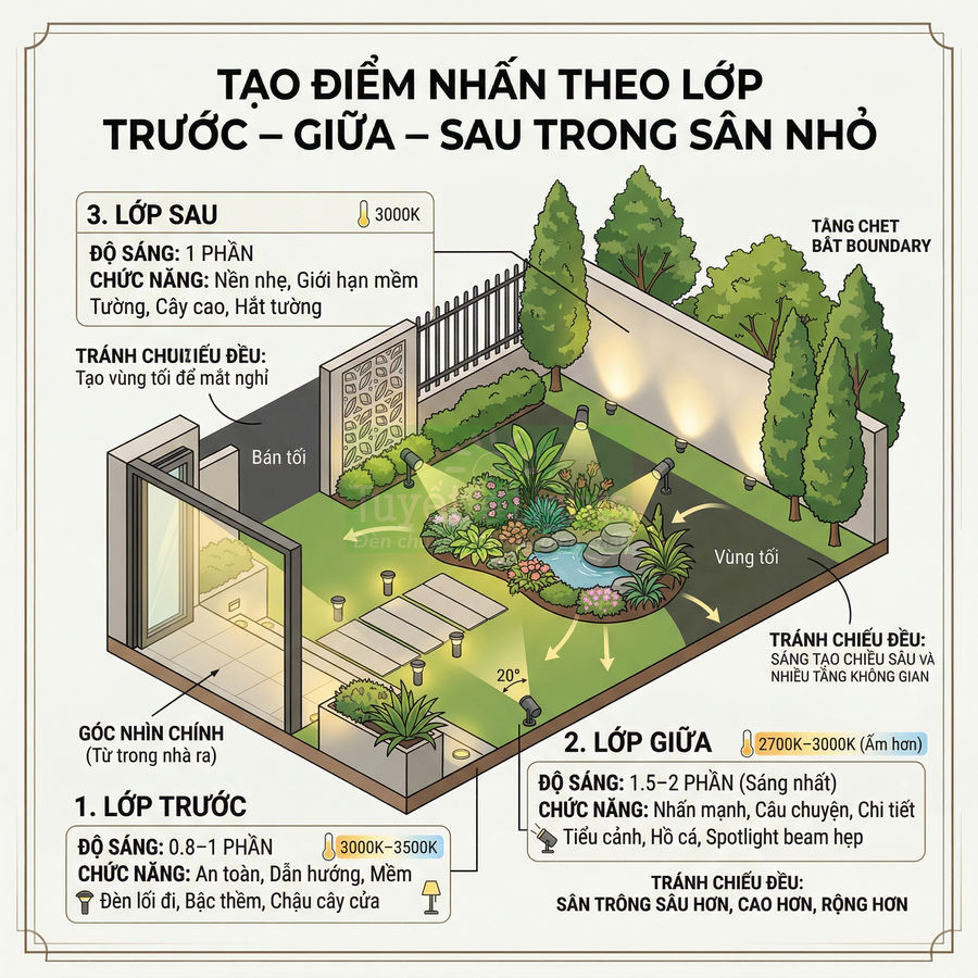 Minh họa bố trí đèn sân vườn nhiều lớp trước giữa sau cho sân nhỏ với cây xanh và lối đi
