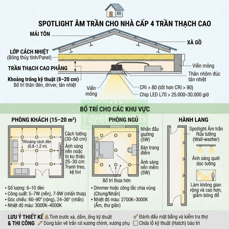 Sơ đồ bố trí đèn spotlight âm trần LED cho nhà cấp 4 trần thạch cao, phòng khách, phòng ngủ và hành lang