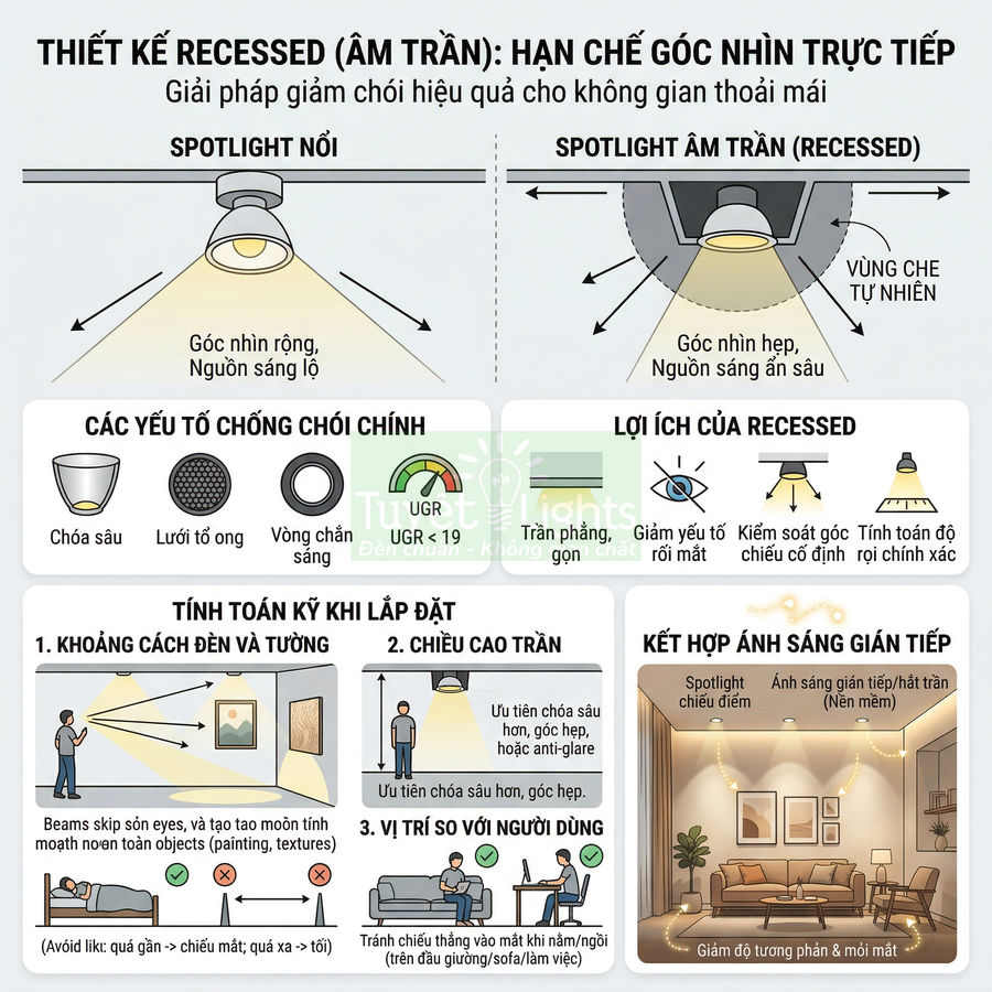 Infographic hướng dẫn lắp đặt và ưu điểm của đèn spotlight âm trần chống chói cho phòng khách