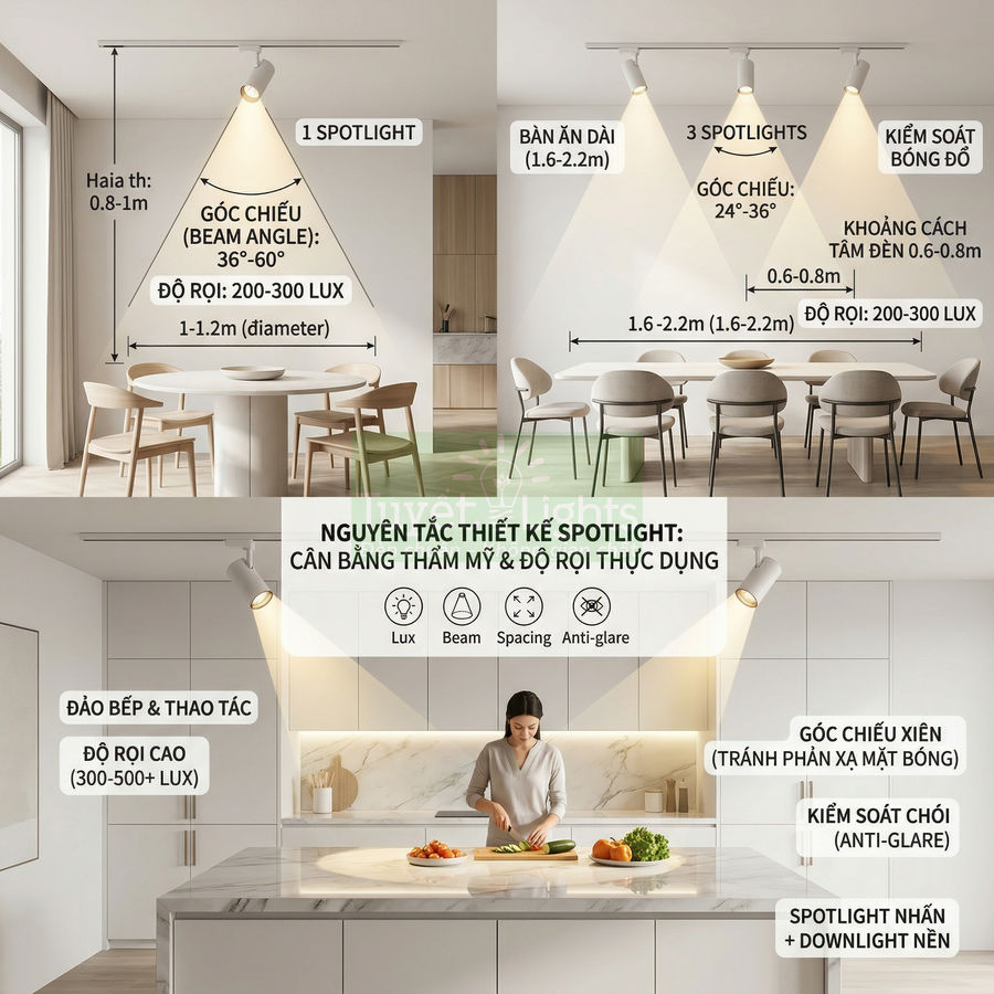 Thiết kế đèn spotlight chiếu sáng bàn ăn và đảo bếp hiện đại trong không gian bếp sang trọng