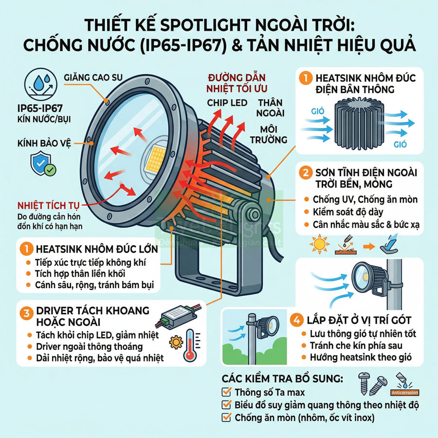 Đèn spotlight LED ngoài trời IP65 IP67 chống nước bụi, tản nhiệt nhôm đúc lớn, lắp trên trụ chiếu sáng