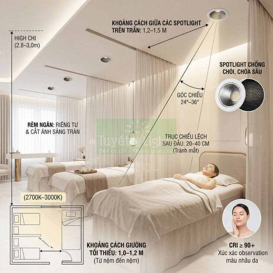 Phòng spa với giường massage và hệ thống đèn spotlight âm trần chống chói chiếu sáng dịu nhẹ