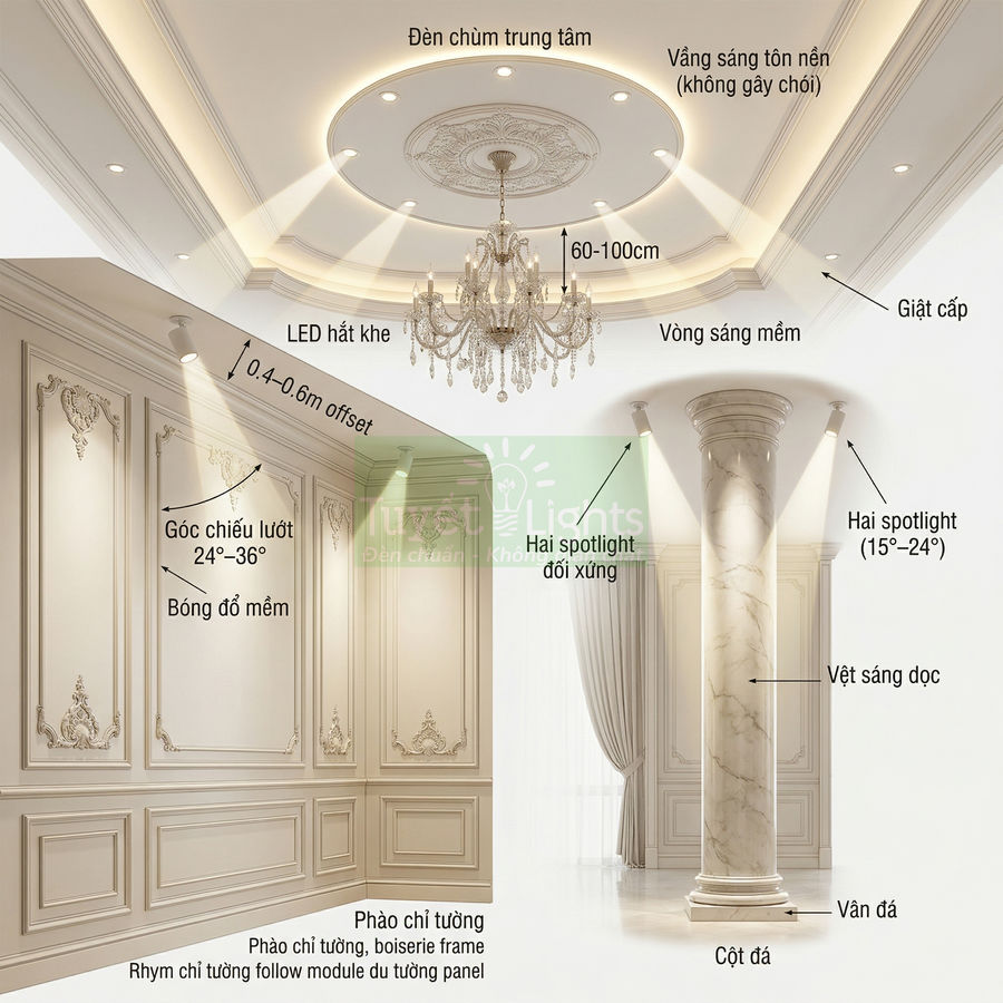 Thiết kế phòng khách tân cổ điển với đèn chùm pha lê, đèn LED âm trần và spotlight chiếu cột đá sang trọng