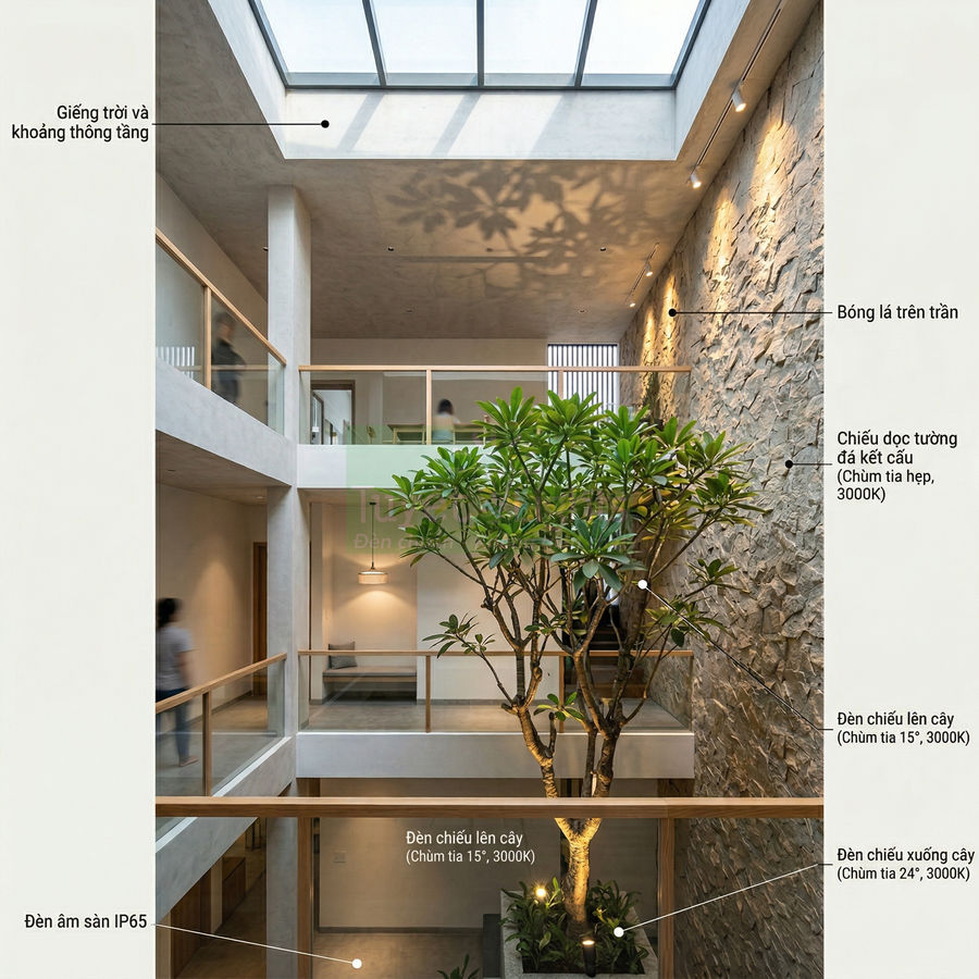 Giếng trời trong nhà với cây xanh lớn được chiếu sáng bằng hệ thống đèn LED âm sàn và đèn rọi tường