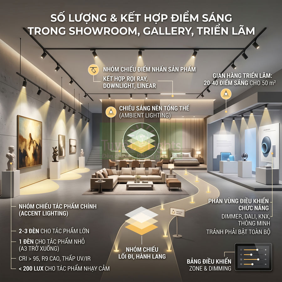 Giải pháp đèn rọi ray, downlight và linear chiếu sáng showroom, gallery, triển lãm với các vùng ánh sáng chức năng