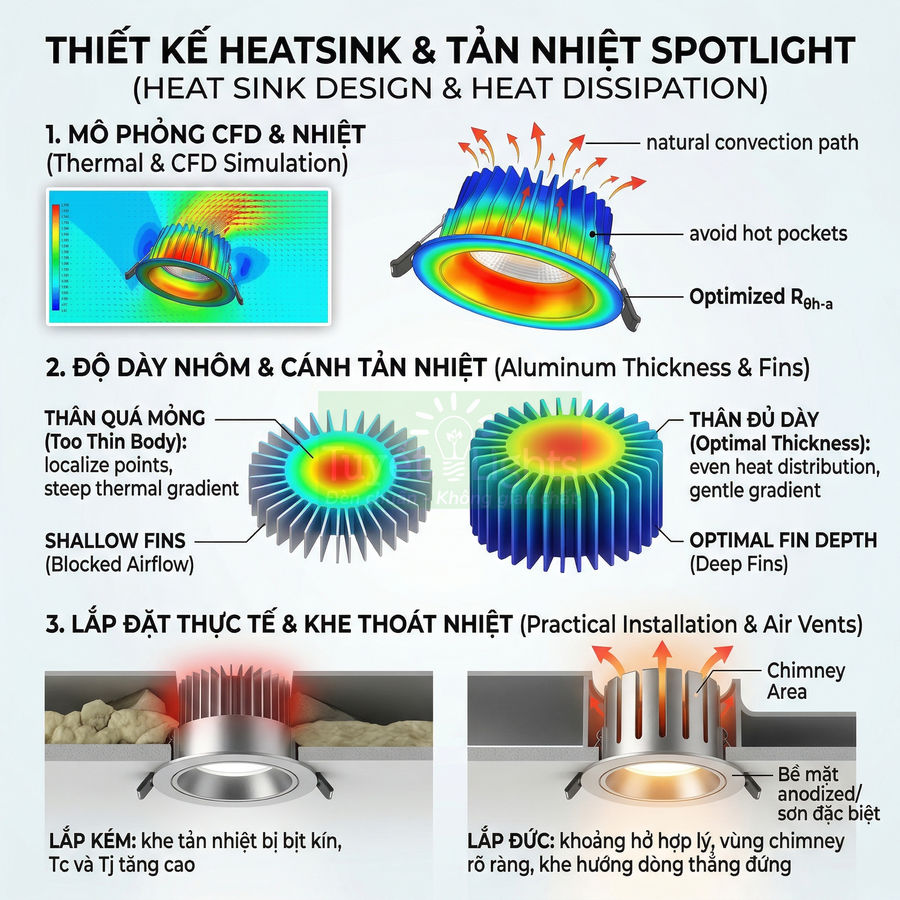 Thiết kế heatsink nhôm tản nhiệt cho đèn LED spotlight với mô phỏng CFD và hướng dẫn lắp đặt tối ưu