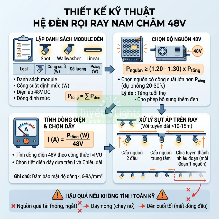 Hướng dẫn thiết kế kỹ thuật hệ đèn rọi ray nam châm 48V với cách chọn nguồn và tính dòng điện