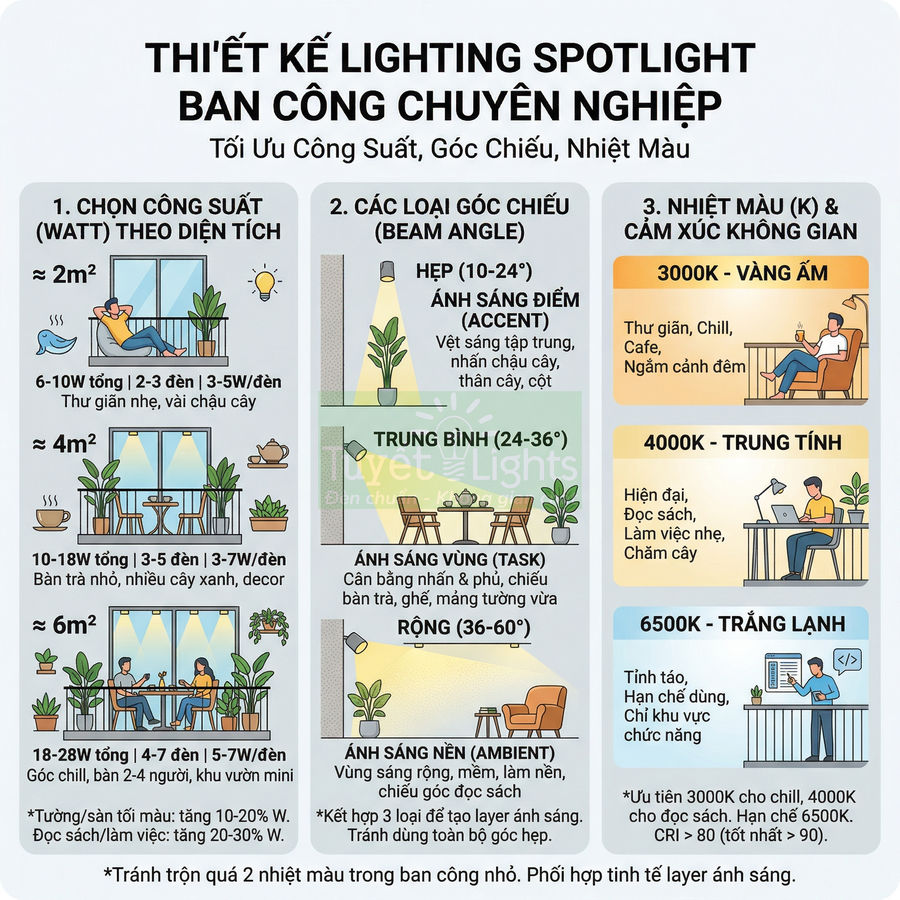 Hướng dẫn thiết kế đèn spotlight ban công chuyên nghiệp với công suất, góc chiếu và nhiệt màu tối ưu