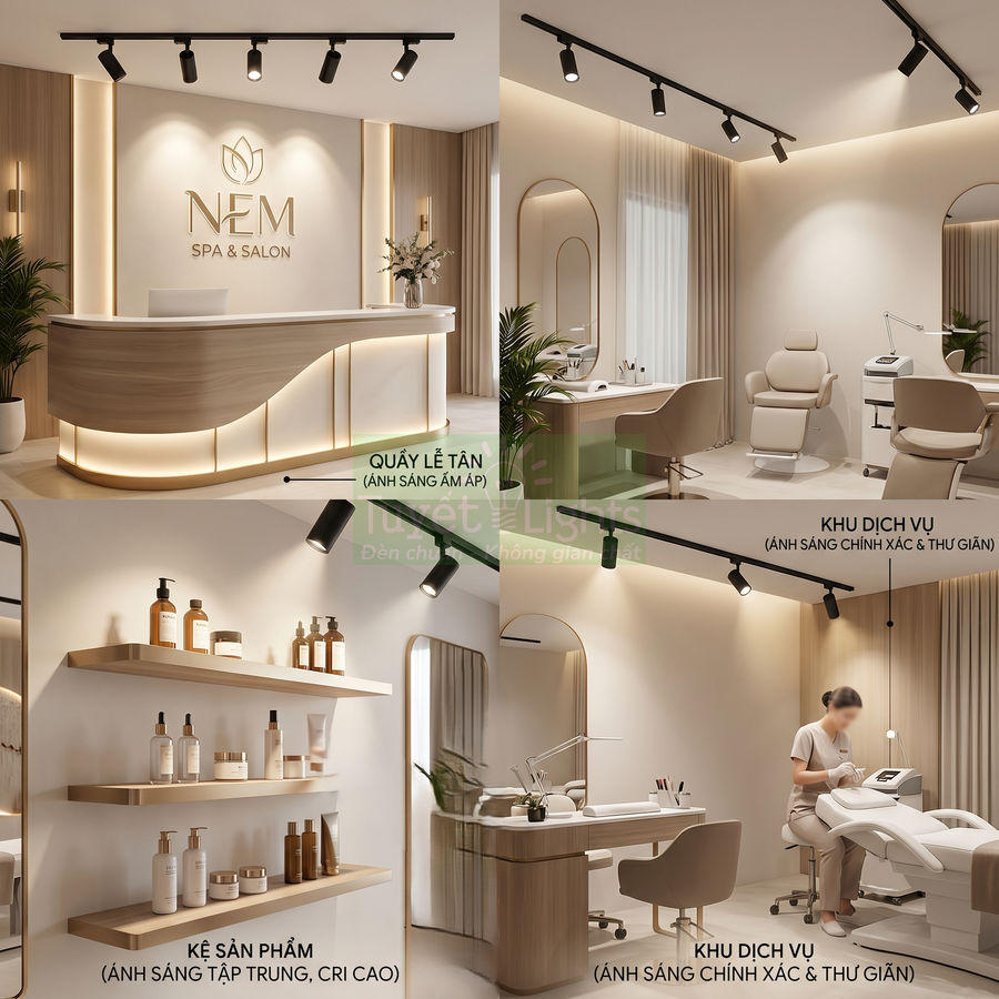 Không gian spa NEM sang trọng với quầy lễ tân, khu dịch vụ và kệ trưng bày mỹ phẩm dưới hệ đèn rọi ray