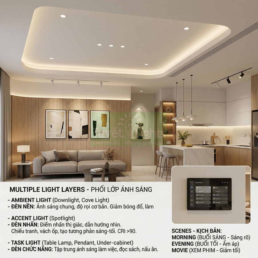 Phòng khách bếp hiện đại sử dụng nhiều lớp đèn âm trần, đèn rọi và đèn thả tạo ánh sáng ấm áp