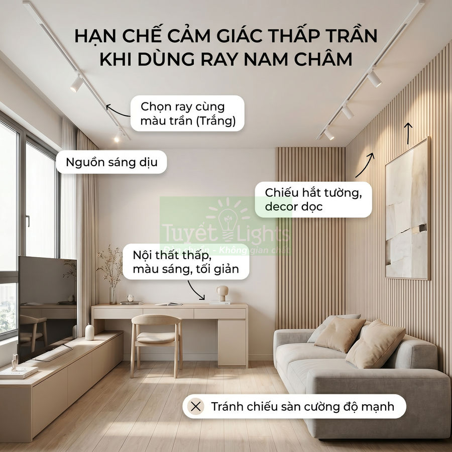 Đèn ray nam châm trần màu trắng chiếu sáng dịu cho phòng khách tối giản nội thất sáng màu