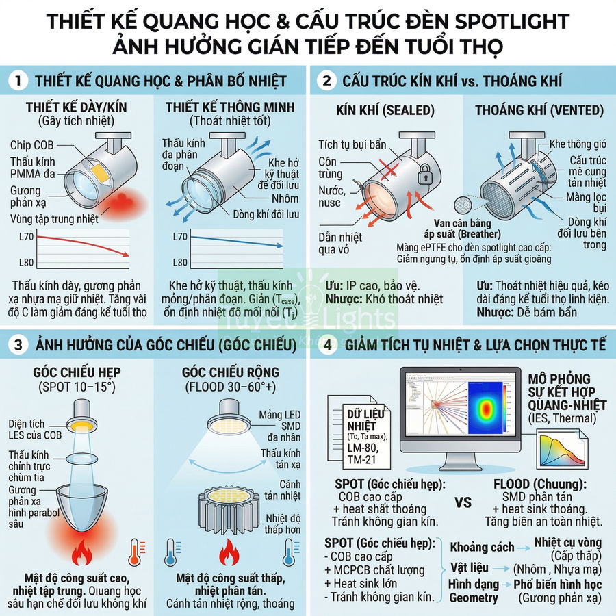 Infographic thiết kế quang học và cấu trúc đèn LED spotlight, so sánh tản nhiệt, góc chiếu và tuổi thọ sản phẩm