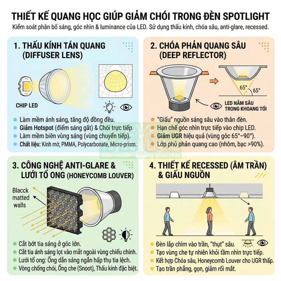 Infographic thiết kế quang học giảm chói cho đèn spotlight LED với thấu kính tán quang, chóa sâu, lưới tổ ong, lắp âm trần