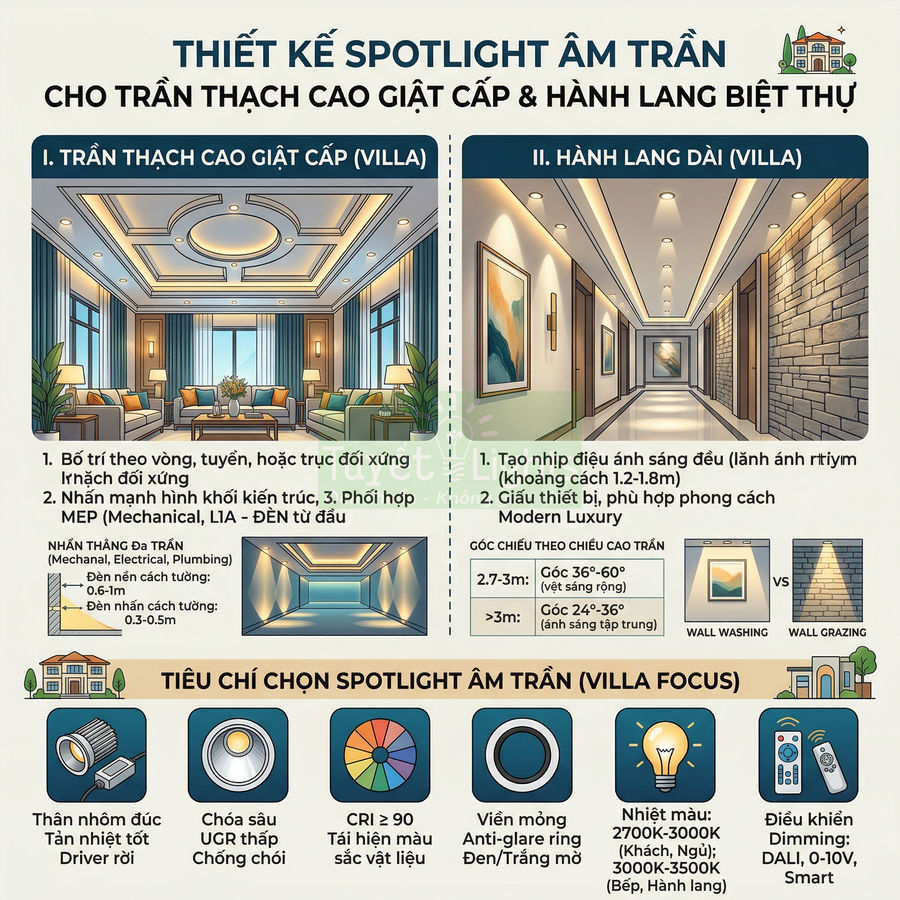 Thiết kế spotlight âm trần cho trần thạch cao giật cấp và hành lang biệt thự, minh họa cách bố trí và tiêu chí chọn đèn