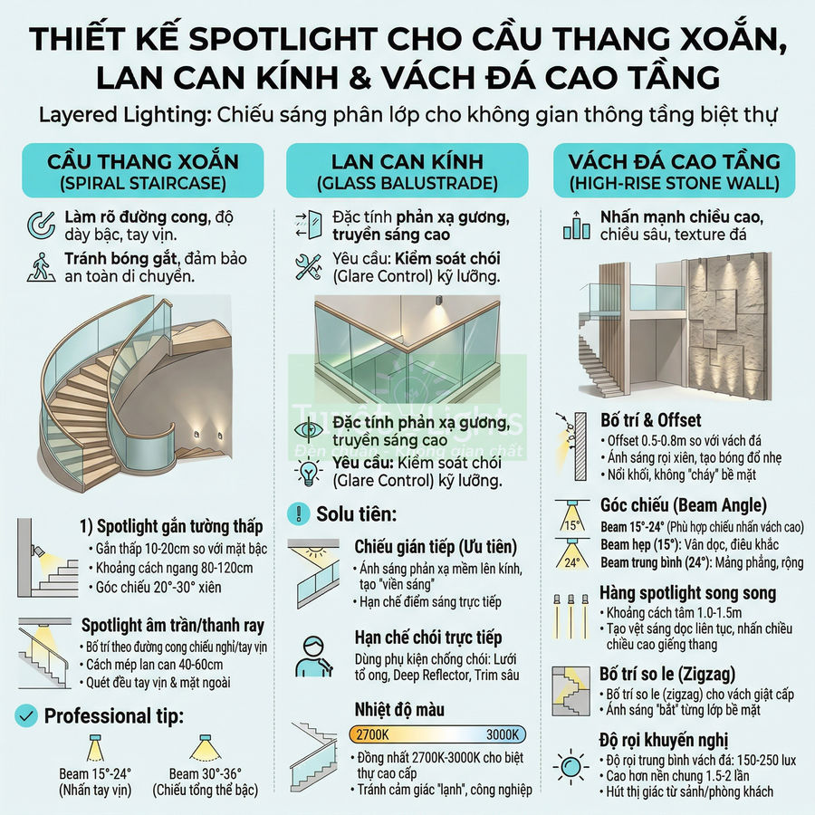 Infographic hướng dẫn thiết kế spotlight chiếu sáng cho cầu thang xoắn, lan can kính và vách đá cao tầng