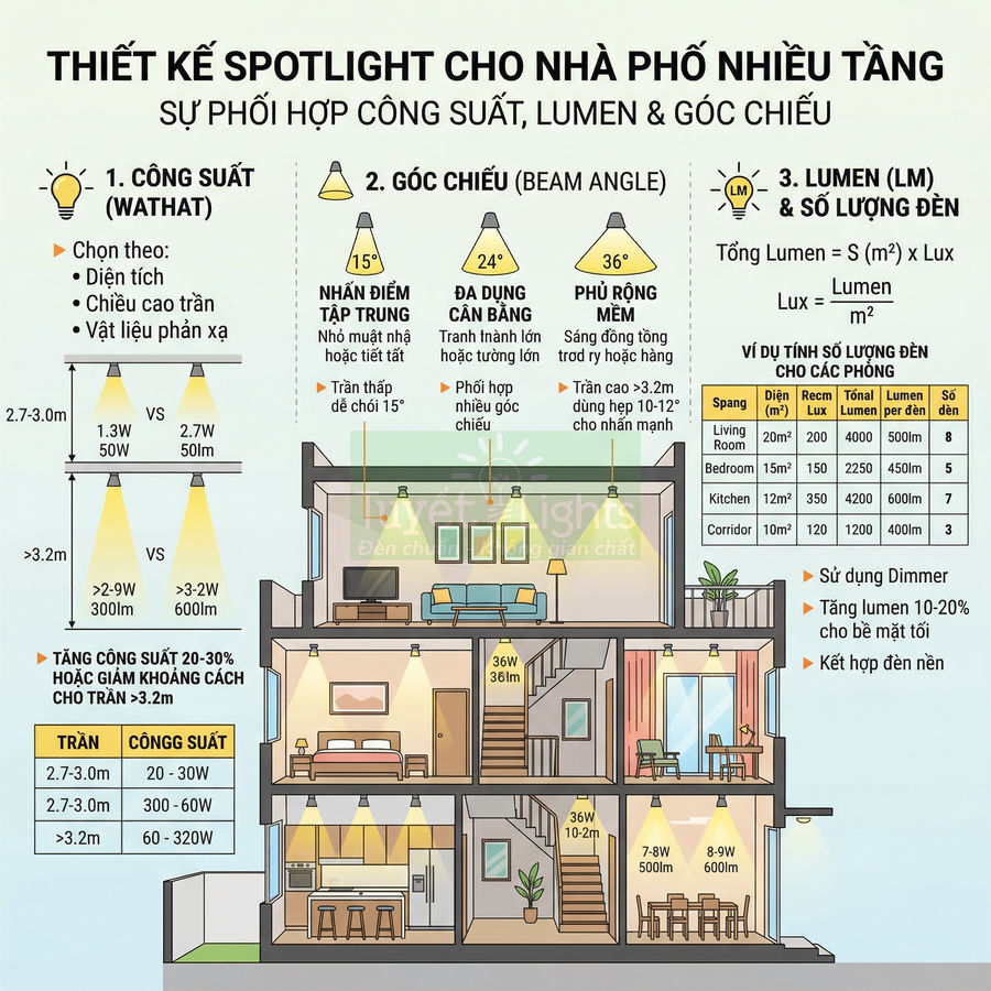 Infographic hướng dẫn chọn công suất, lumen và góc chiếu đèn spotlight cho nhà phố nhiều tầng