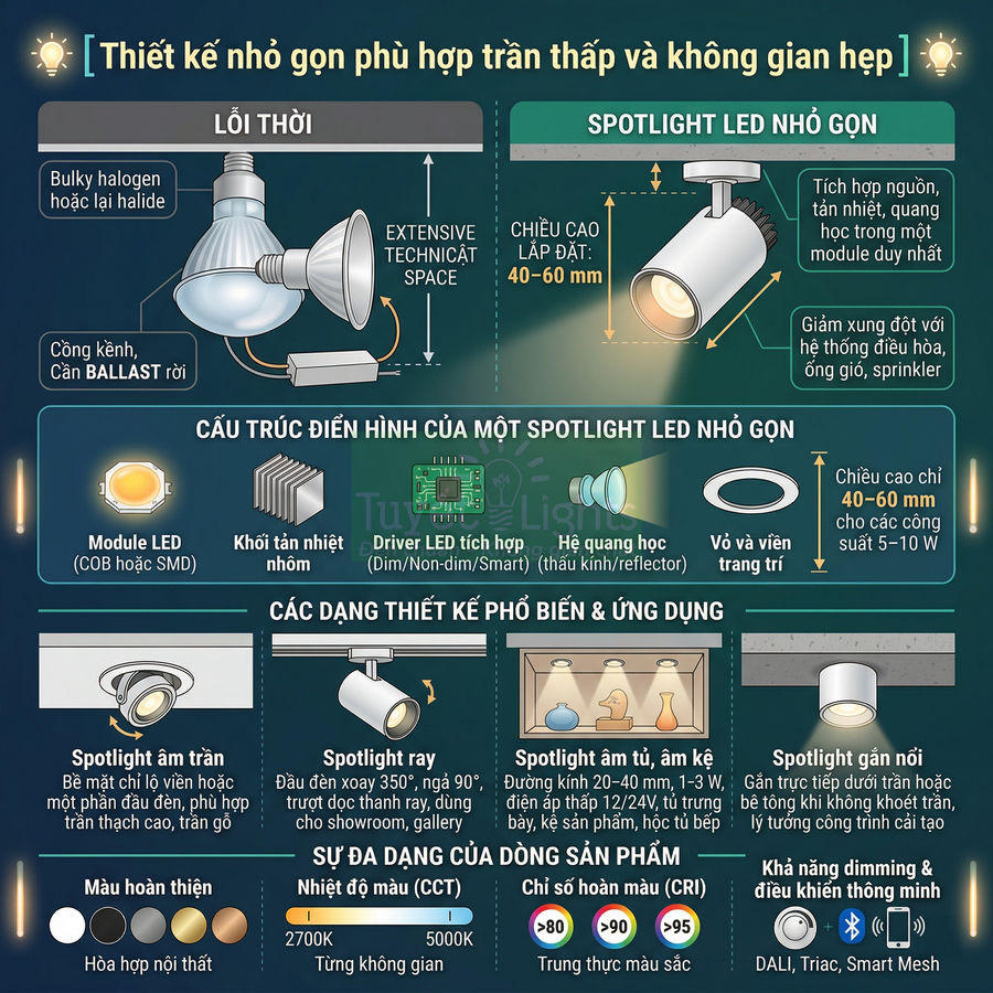Infographic so sánh spotlight LED nhỏ gọn với đèn halogen cũ và giới thiệu cấu tạo, ứng dụng spotlight LED