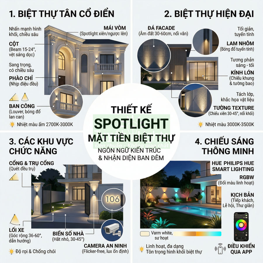 Thiết kế spotlight mặt tiền biệt thự với các vị trí đèn chiếu sáng kiến trúc và chiếu sáng thông minh ban đêm