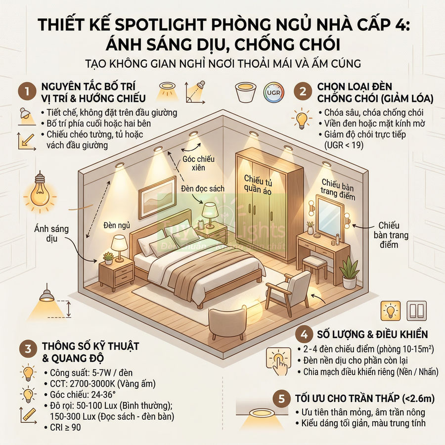 Thiết kế đèn spotlight phòng ngủ nhà cấp 4 với ánh sáng dịu, chống chói tạo không gian ấm cúng