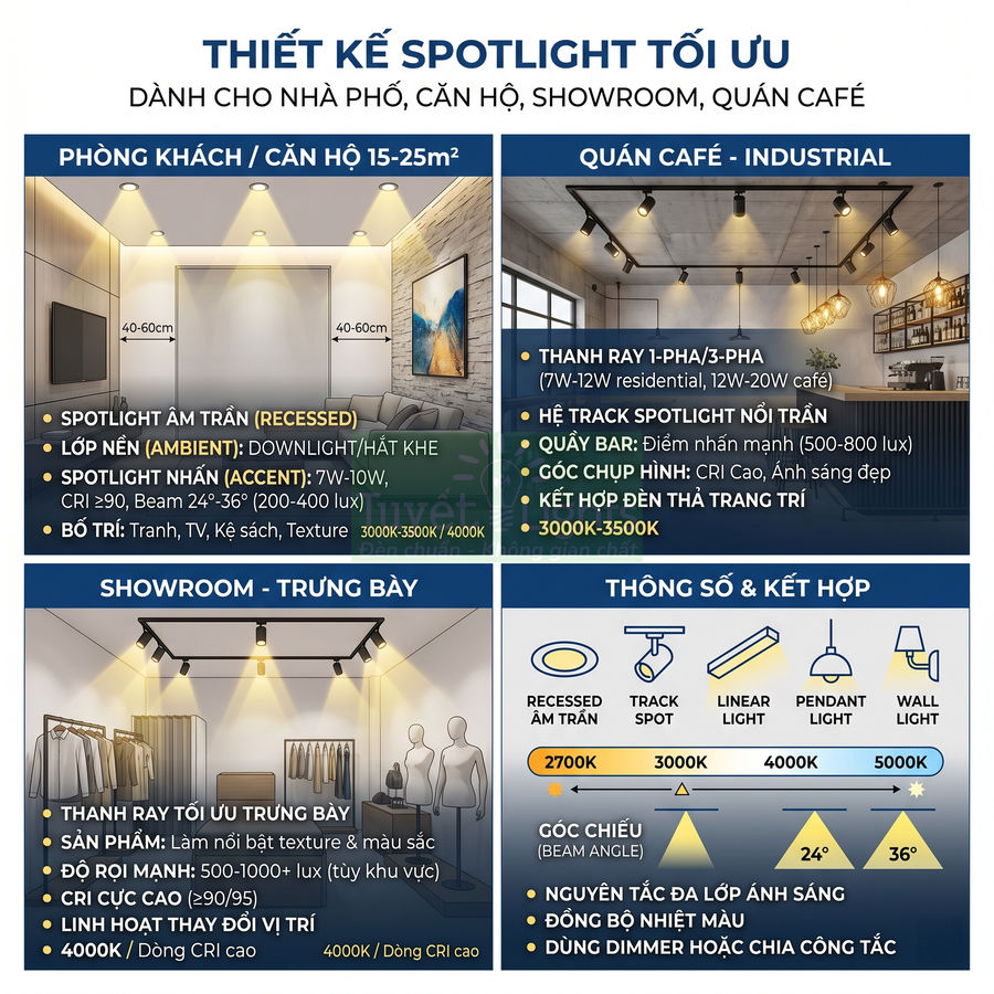 Thiết kế hệ thống đèn spotlight tối ưu cho phòng khách, showroom và quán cà phê với nhiều kiểu lắp đặt
