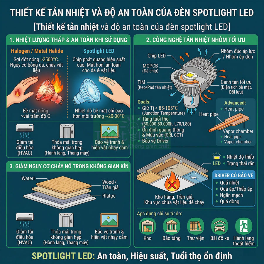 Infographic so sánh thiết kế tản nhiệt và độ an toàn của đèn spotlight LED với đèn halogen trong không gian kín