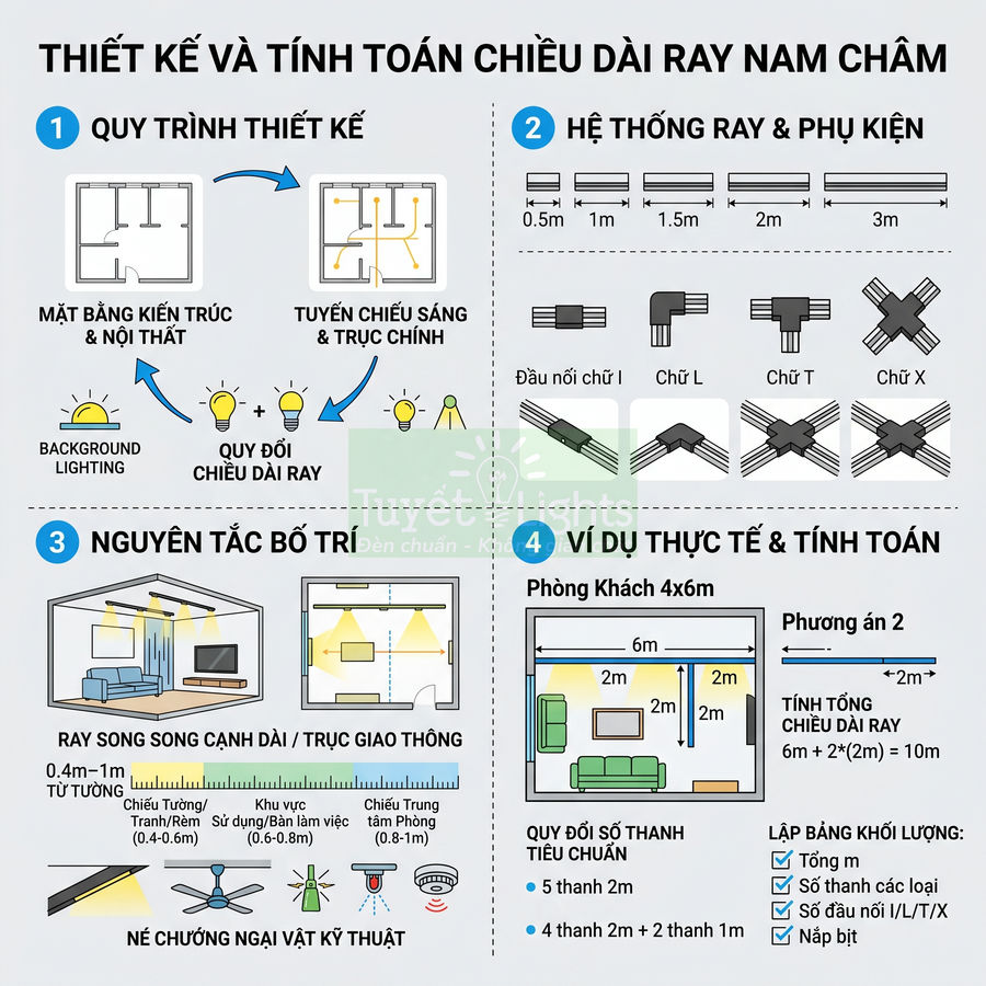Hướng dẫn thiết kế và tính toán chiều dài ray nam châm cho hệ thống đèn chiếu sáng phòng khách