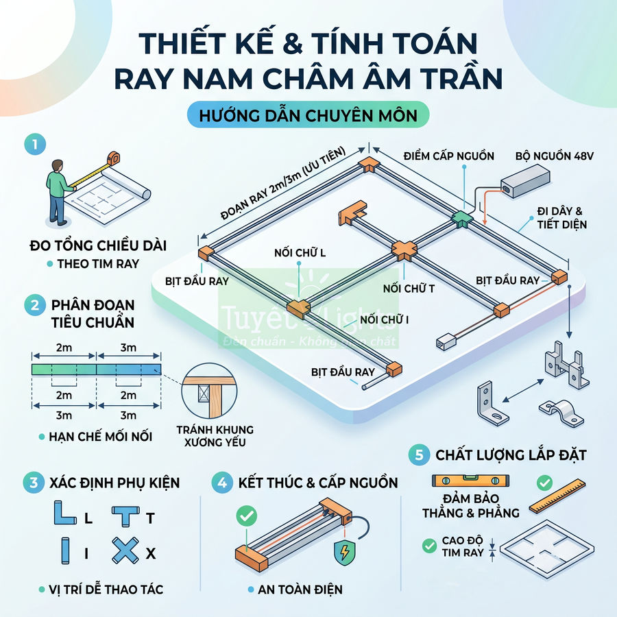 Hướng dẫn thiết kế và tính toán ray nam châm âm trần cho hệ thống chiếu sáng nội thất