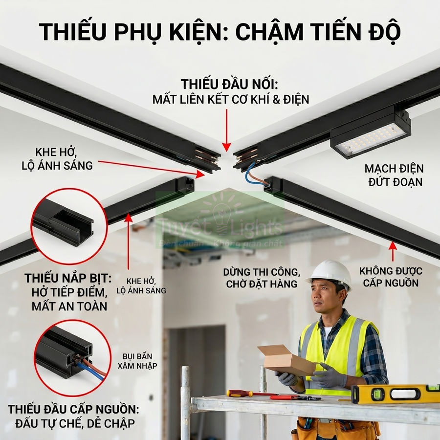 Hệ thống đèn ray nam châm thiếu phụ kiện, mạch điện đứt đoạn khiến công nhân phải dừng thi công