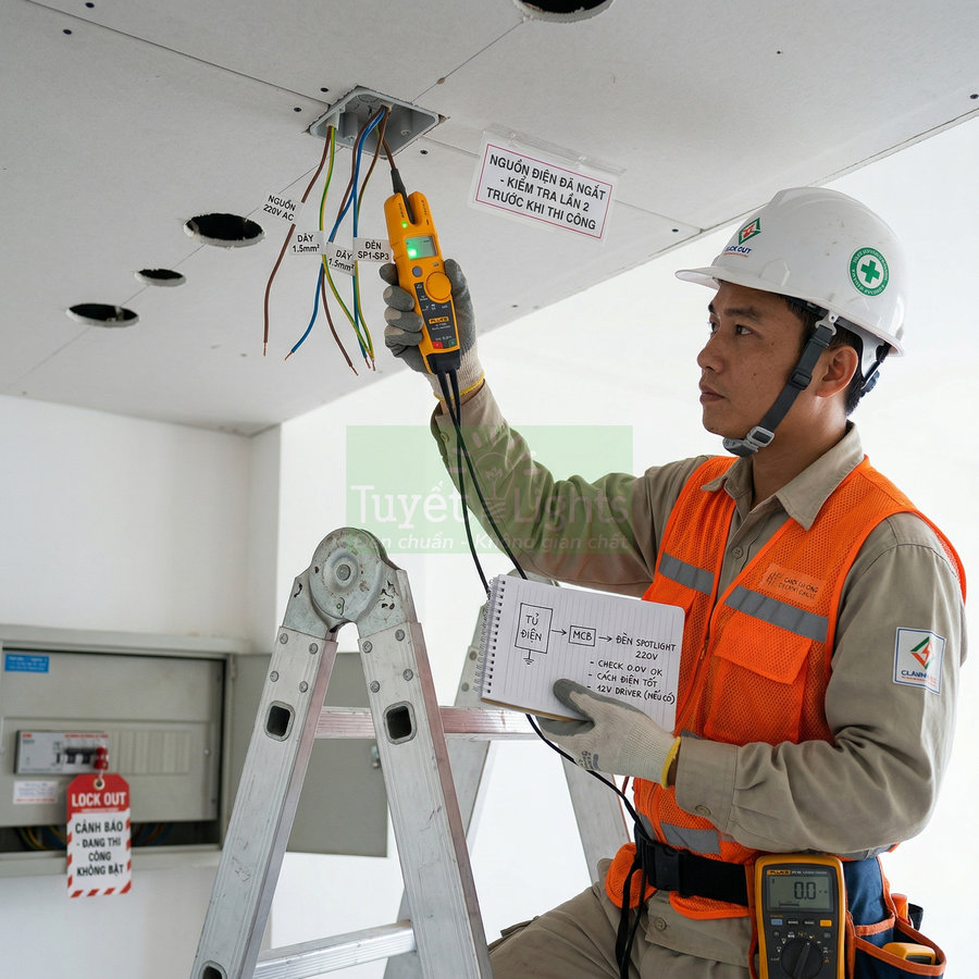 Kỹ sư điện kiểm tra dây điện trần bằng bút thử điện Fluke khi lắp đặt hệ thống chiếu sáng trần nhà