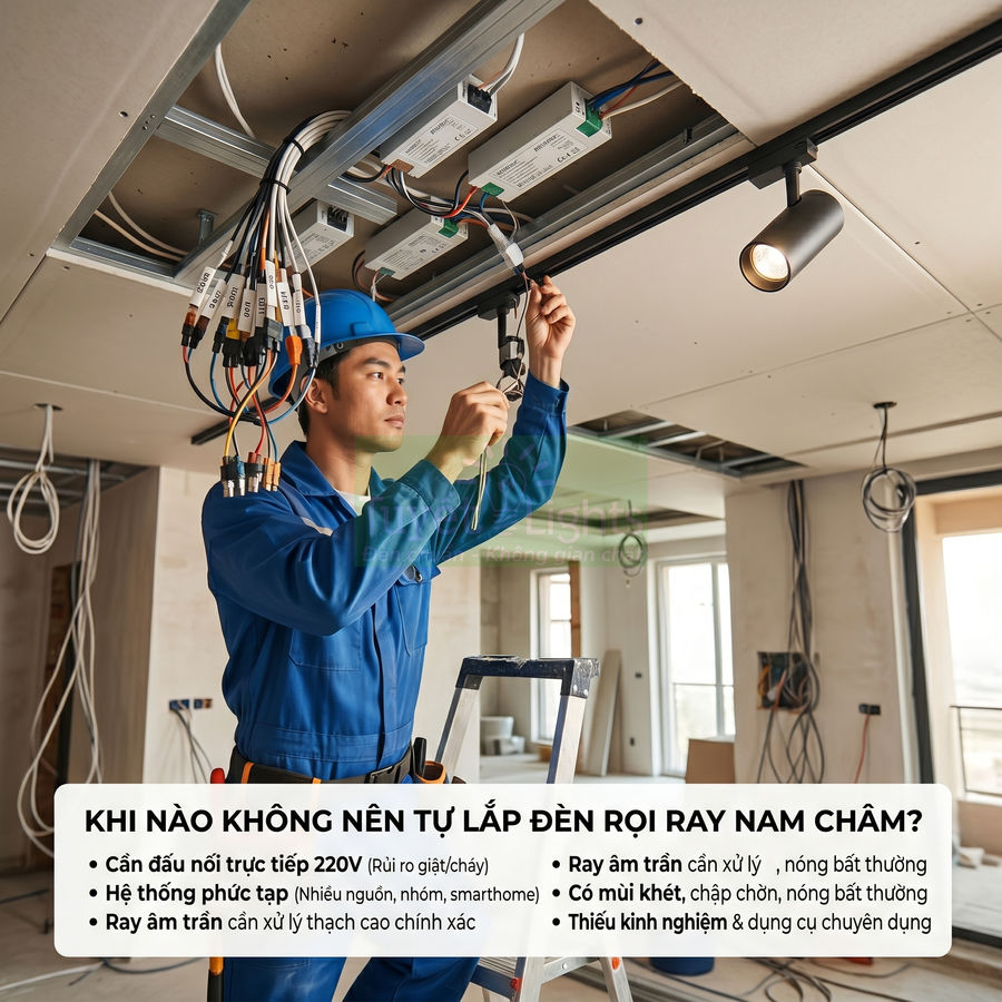 Thợ điện đang lắp đặt hệ thống đèn rọi ray nam châm âm trần trong căn hộ đang thi công