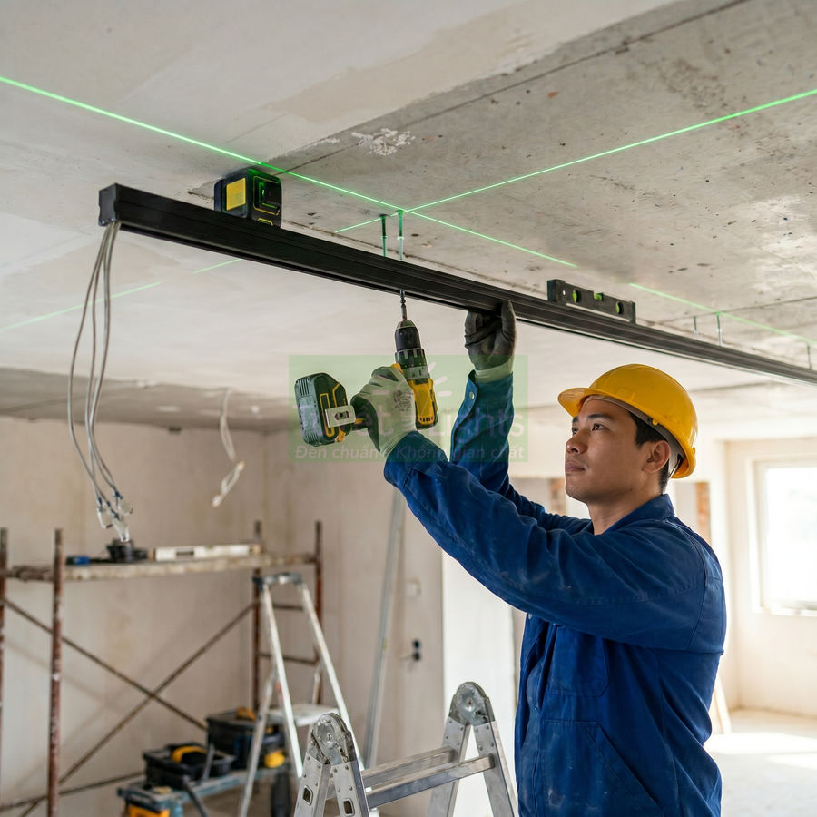 Thợ xây dùng máy khoan cầm tay lắp thanh kim loại lên trần nhà theo tia laser căn chỉnh