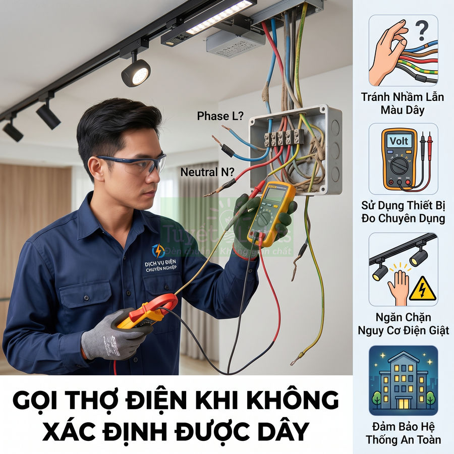 Thợ điện sử dụng đồng hồ đo điện chuyên dụng kiểm tra dây điện trong hộp đấu nối để đảm bảo an toàn hệ thống điện