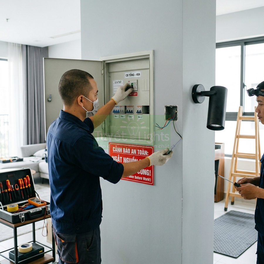 Thợ điện lắp đặt đèn tường và đấu nối dây điện tại tủ điện trong căn hộ