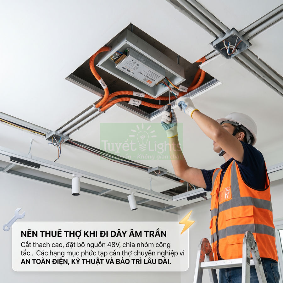 Thợ điện lắp đặt hệ thống dây điện âm trần và bộ nguồn đèn chiếu sáng trong nhà văn phòng